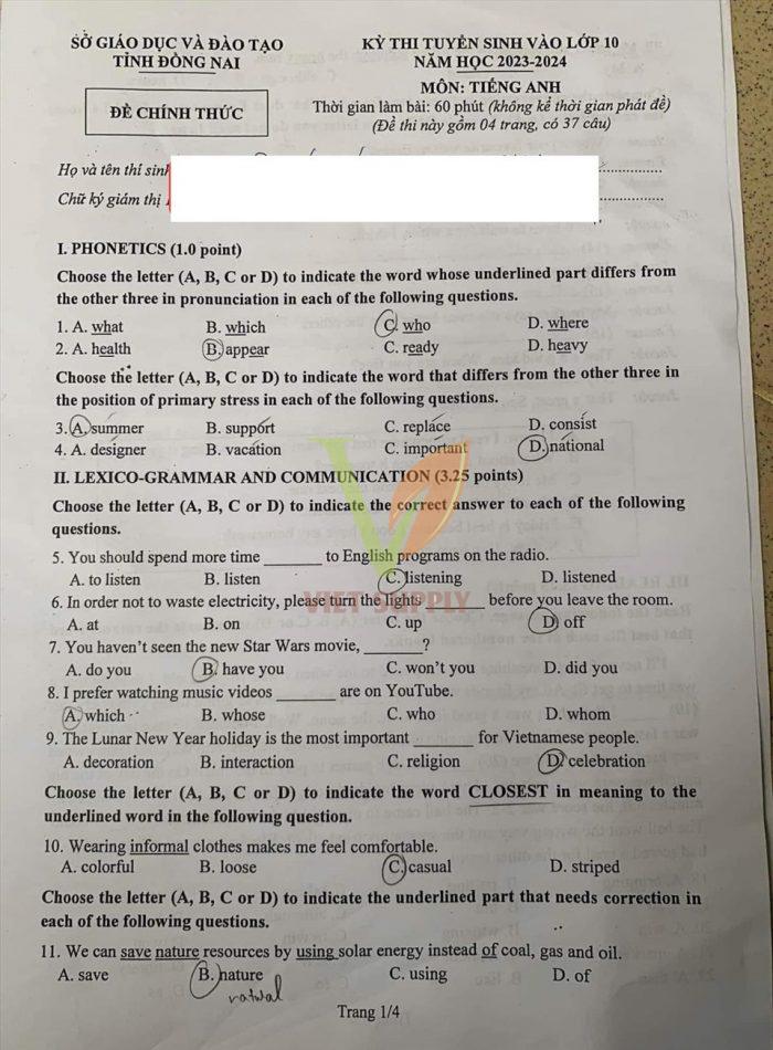 Đề thi tuyển sinh lớp 10 môn Anh Đồng Nai