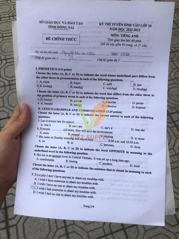 Đề thi tuyển sinh lớp 10 môn anh Đồng Nai