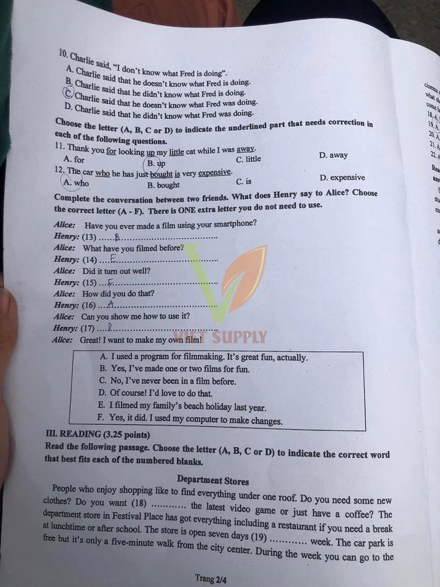 Đề thi tuyển sinh lớp 10 môn anh Đồng Nai